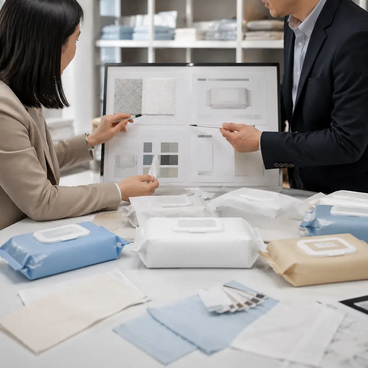 Illustrative product-development meeting using packaging and material samples