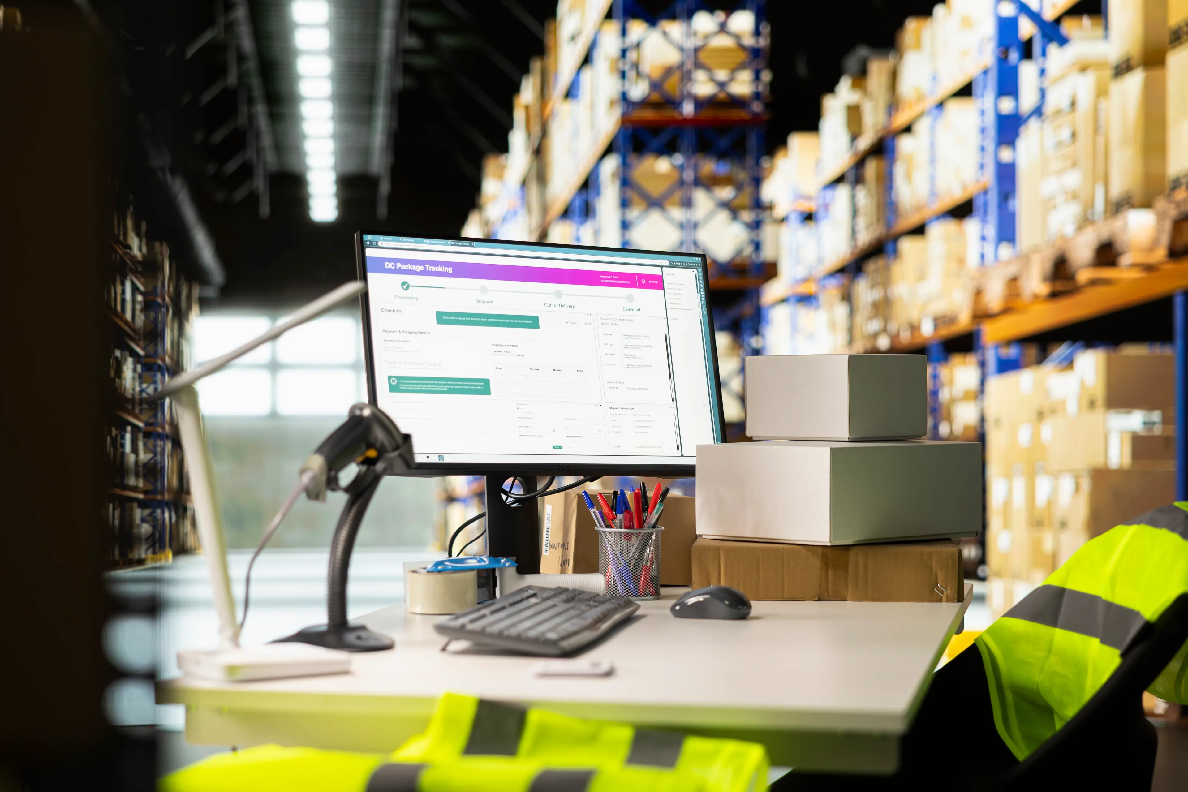 Illustrative procurement desk with shipment tracking screen and warehouse shelves
